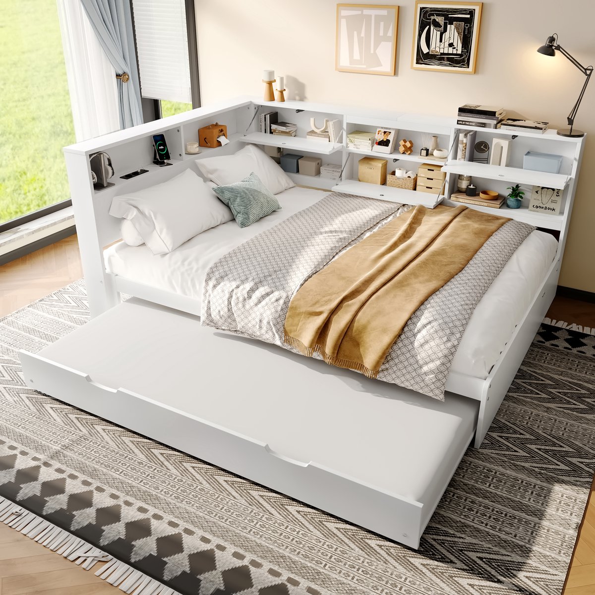 OKWISH Daybed 140x200 Cm – Bedbank Met Uitschuifbed – Hoofdbord Met Opbergruimte En Usb En Type C – Zonder Matras – Houtlook – Wit