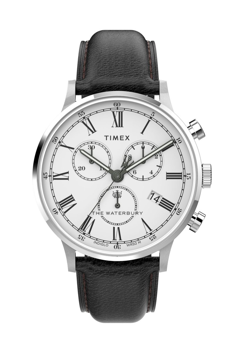 Timex Waterbury Classic Chronograph Quartz Analoog Horloge Zwart Behuizing Gemaakt Van 100% Roestvrij Staal En Een Armband Van 100% Leer 20 mm TW2U88100AJ