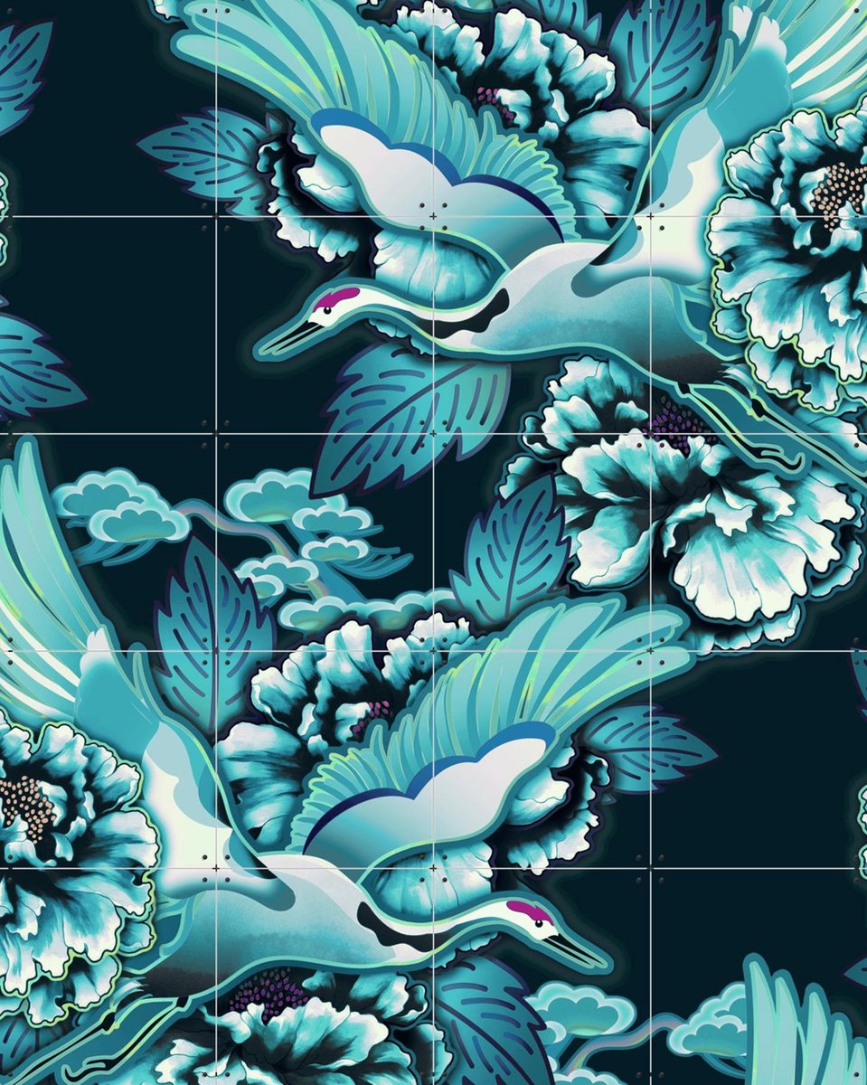 IXXI Crane Bird Pattern Cloudy Petrol, Marylène Madou - 80 x 100 cm - Gratis ophangtool - Grote wanddecoratie en posters - Digitale Kunst