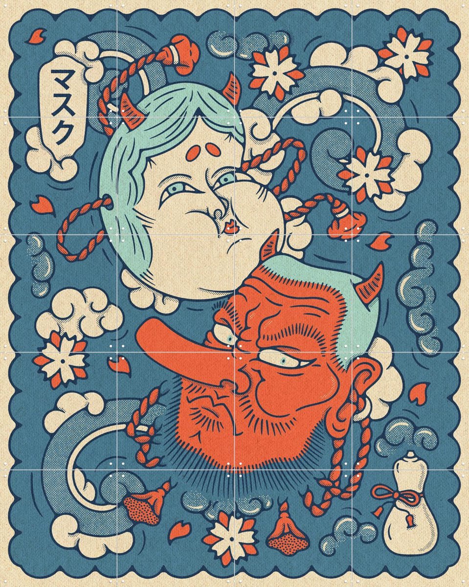 IXXI Tengu and Okame Masks, Ryan Ragnini - 80 x 100 cm - Gratis ophangtool - Grote wanddecoratie en posters - Grafisch Ontwerp, Vintage, Ukiyo-e
