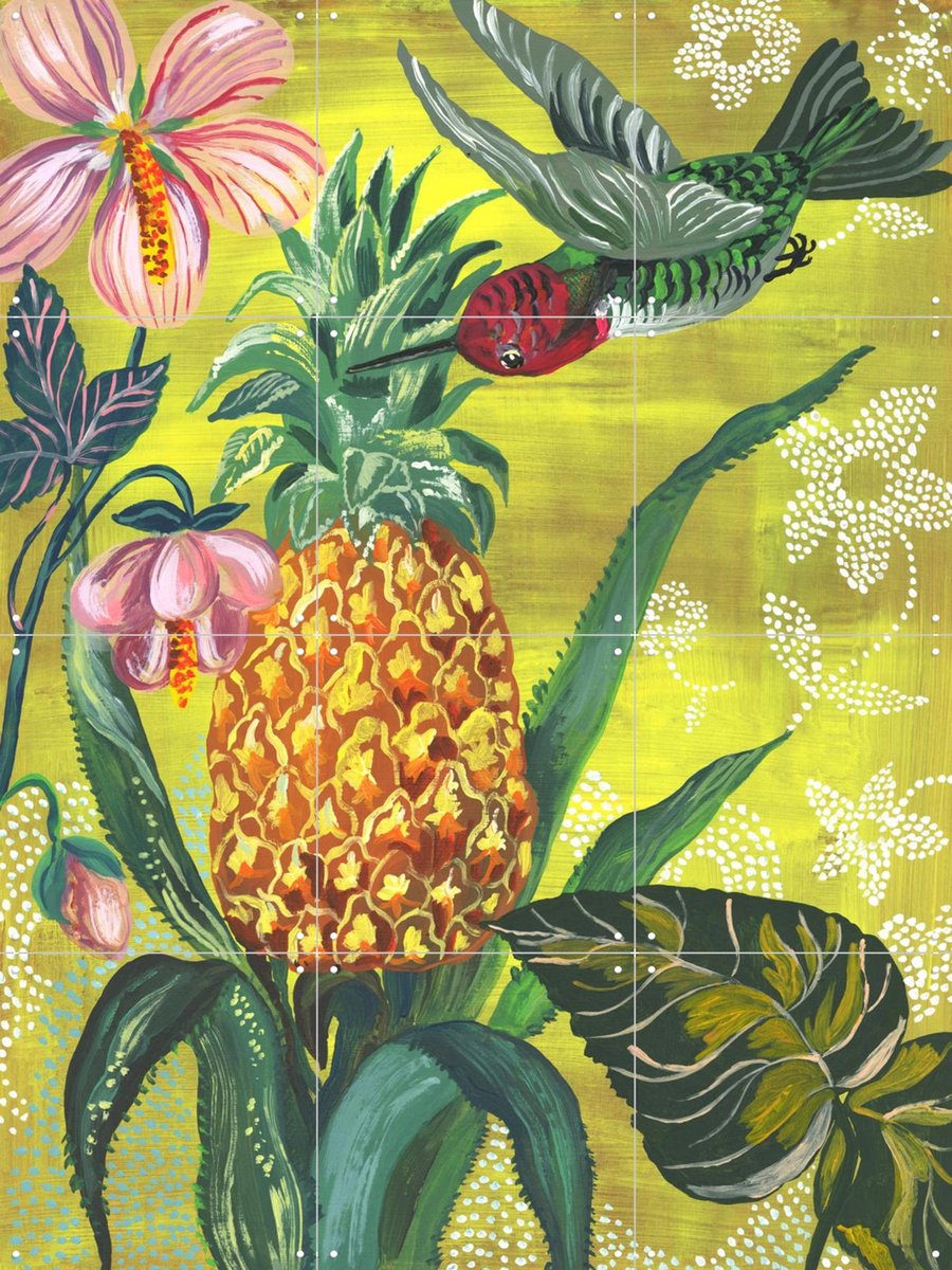 IXXI L'ananas et le Colibri, Nathalie Lété - 60 x 80 cm - Gratis ophangtool - Grote wanddecoratie en posters - Kleurrijk, Illustraties, Speels