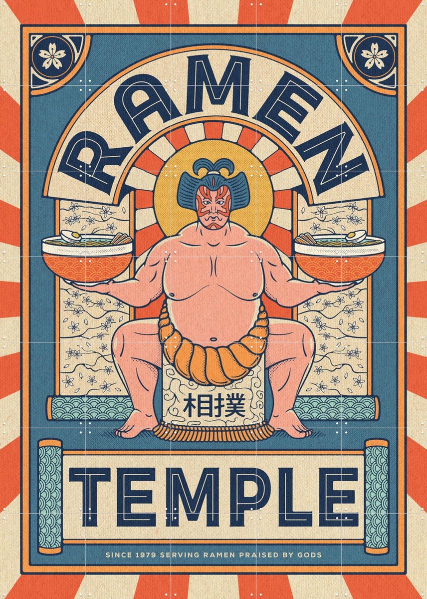 IXXI Ramen Temple Sumo, Ryan Ragnini - 100 x 140 cm - Gratis ophangtool - Grote wanddecoratie en posters - Pop art, Kleurrijk, Vintage, Illustraties