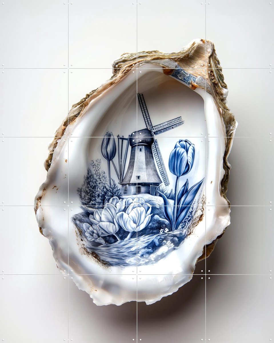 IXXI Delfts Blauwe oester, Margriet Hulsker - 80 x 100 cm - Gratis ophangtool - Grote wanddecoratie en posters - Vintage, Illustraties, Keuken
