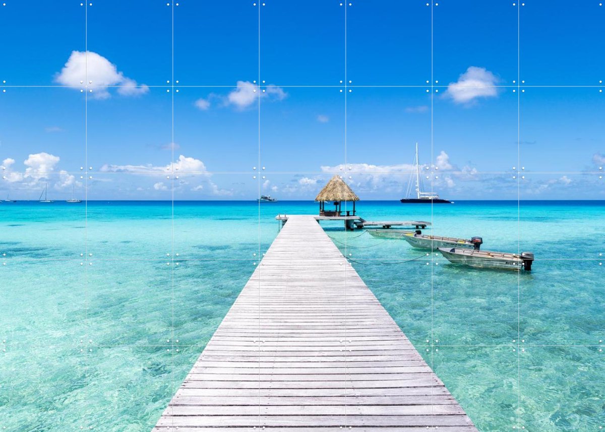 IXXI Wooden Pier at the Beach - French Polynesia, Jan Becke - 140 x 100 cm - Gratis ophangtool - Grote wanddecoratie en posters - Kleurrijk