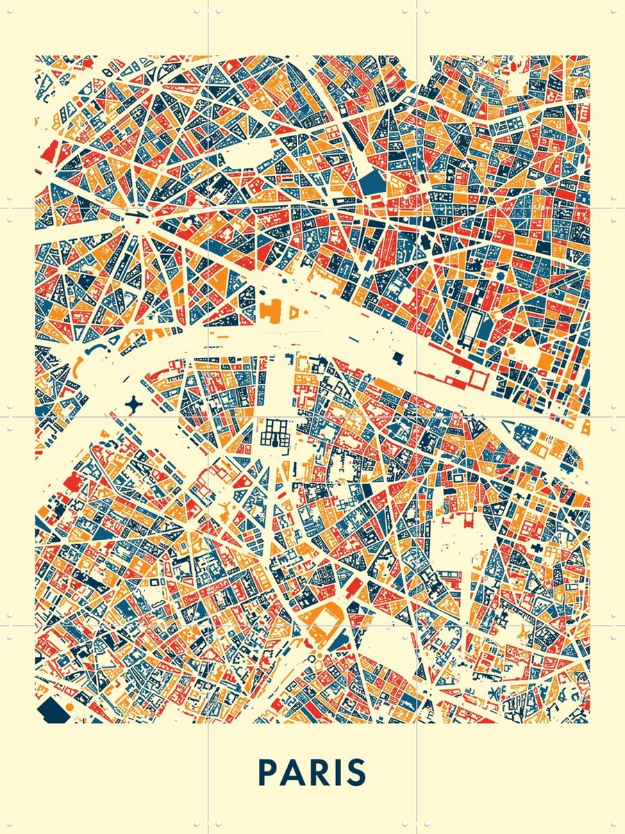 IXXI Paris Mosaic City Map, Kunst in Kaart - 60 x 80 cm - Gratis ophangtool - Grote wanddecoratie en posters - Grafisch Ontwerp, Illustraties