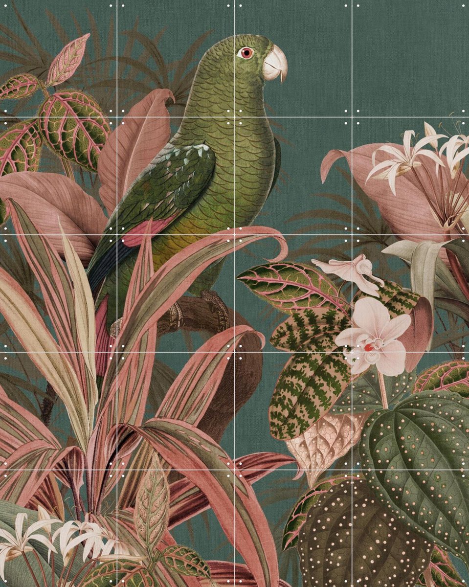 IXXI Green Parrot and Pink Jungle, Bloomery Decor - 80 x 100 cm - Gratis ophangtool - Grote wanddecoratie en posters - Illustraties, Naturalisme