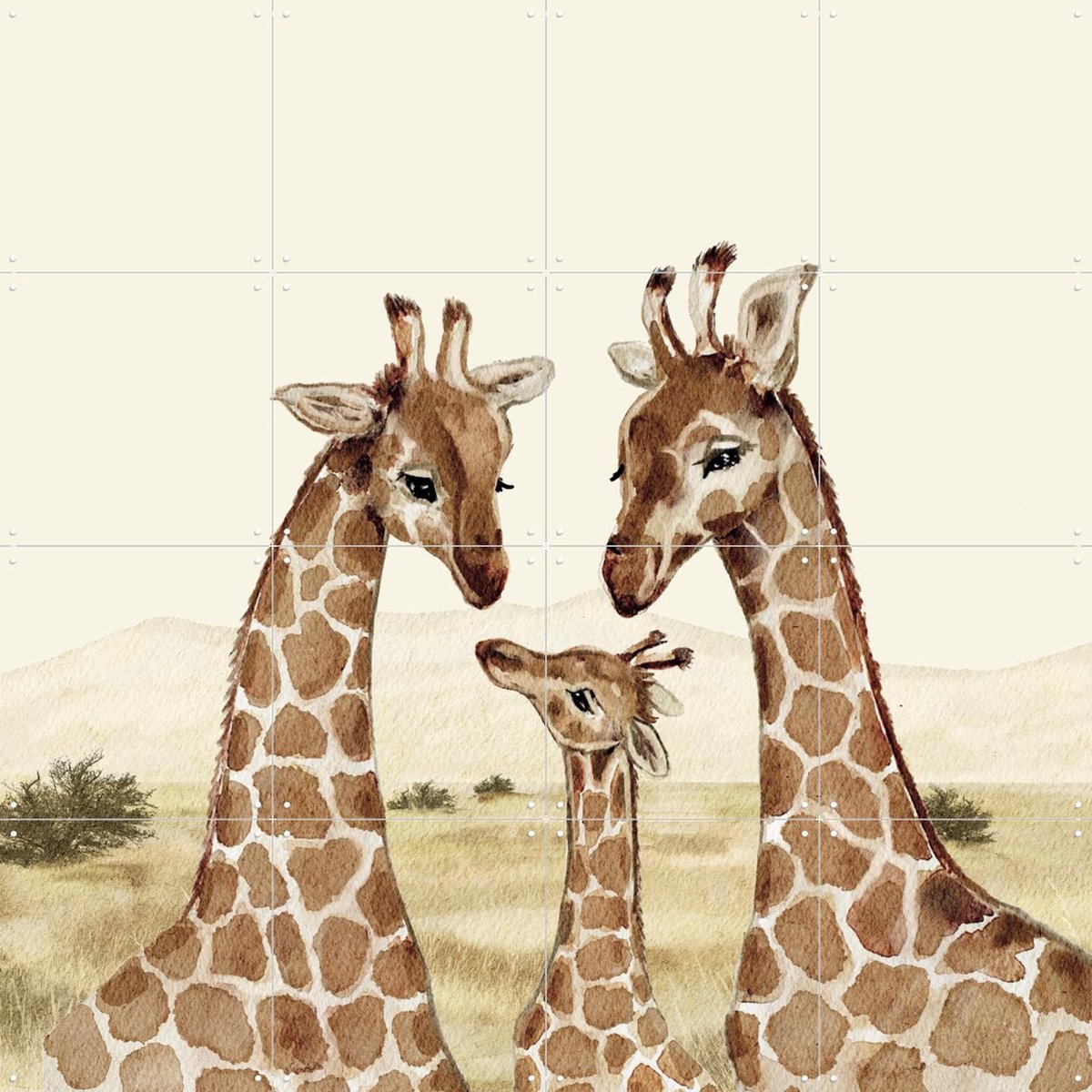 IXXI Giraffenfamilie, Irene Jelier - 80 x 80 cm - Gratis ophangtool - Grote wanddecoratie en posters - Speels, Aquarel, Illustraties, Kinderkamer