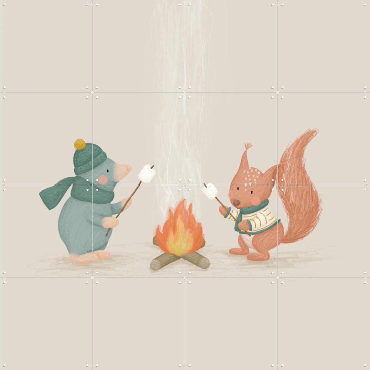 IXXI Marshmallow Campfire, Studio Phie - 80 x 80 cm - Gratis ophangtool - Grote wanddecoratie en posters - Illustraties, Fantasierijk, Cartoonesk