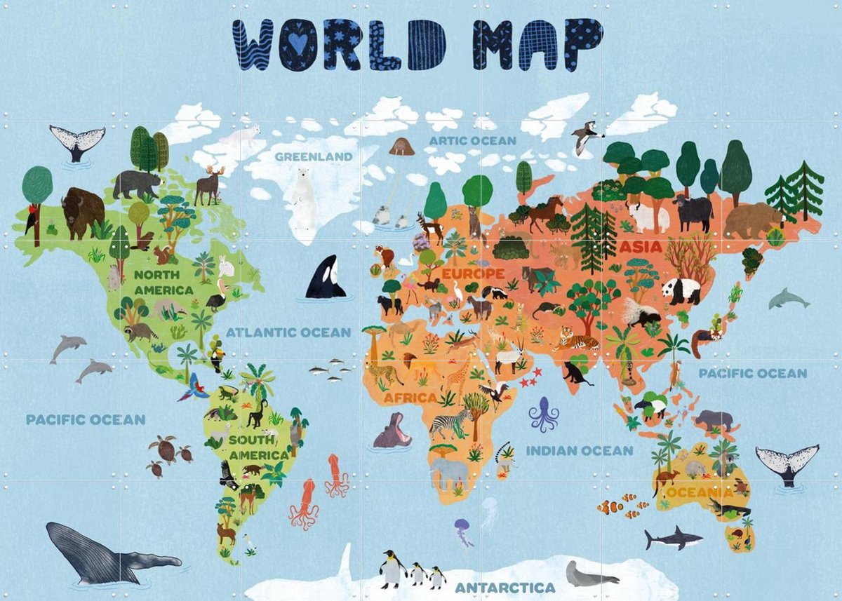 IXXI World Map for Kids, Jota de Jai & Various - 140 x 100 cm - Gratis ophangtool - Grote wanddecoratie en posters - Digitale Kunst, Illustraties