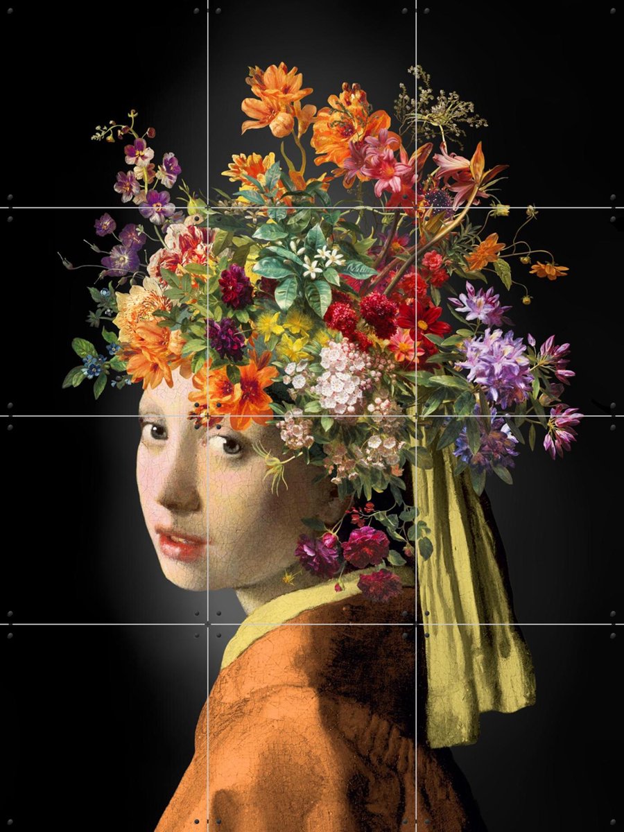 IXXI Meisje met de Parel – The Orange Autumn Edition, Marja van den Hurk - 60 x 80 cm - Gratis ophangtool - Grote wanddecoratie en posters - Collage
