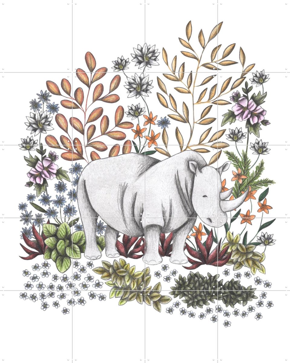 IXXI Safari Rhino, Cecilia Battaini - 80 x 100 cm - Gratis ophangtool - Grote wanddecoratie en posters - Illustraties, Fantasierijk, Kinderkamer