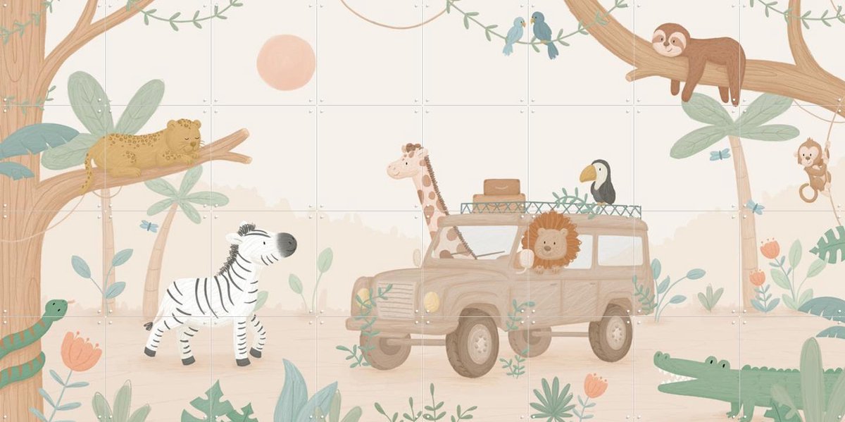 IXXI Jeep Safari, Love by Lily - 160 x 80 cm - Gratis ophangtool - Grote wanddecoratie en posters - Cartoonesk, Illustraties, Speels, Digitale Kunst