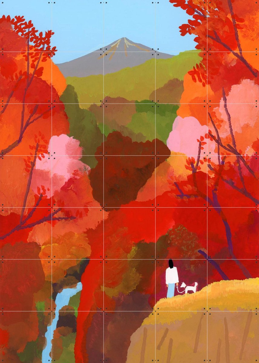 IXXI Autumn leaves and waterfalls, Hiroyuki Izutsu & Bridgeman Images - 100 x 140 cm - Gratis ophangtool - Grote wanddecoratie en posters - Kleurrijk