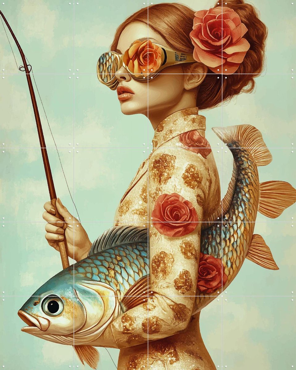 IXXI High fishion, Mirjam Duizendstra - 80 x 100 cm - Gratis ophangtool - Grote wanddecoratie en posters Woonkamer, Portretten, Vissen, Bloemen