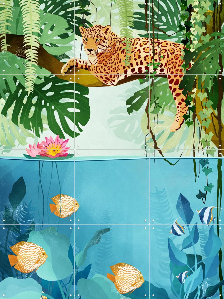 IXXI Welcome to the Jungle, Goed Blauw - 60 x 80 cm - Gratis ophangtool - Grote wanddecoratie en posters - Digitale Kunst, Illustraties, Gemengde