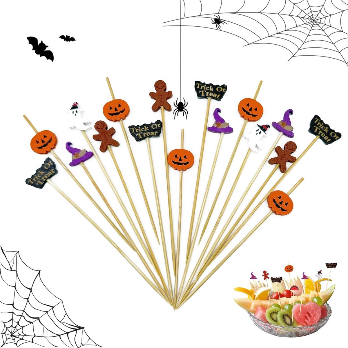 100x Halloween Cocktailprikkers 12 cm Pompoen Aperitiefspiesen voor Feestdecoratie