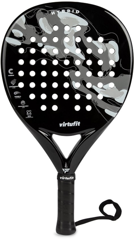 VirtuFit Hybrid Padel Racket - Zwart - Grijs - Inclusief Polskoord - Padelracket - Paddle - Geschikt voor Spelers met Ervaring - Druppelvormig Blad met Kern van EVA Foam - Lichtgewicht - Ergonomisch Handvat - Carbon Blad