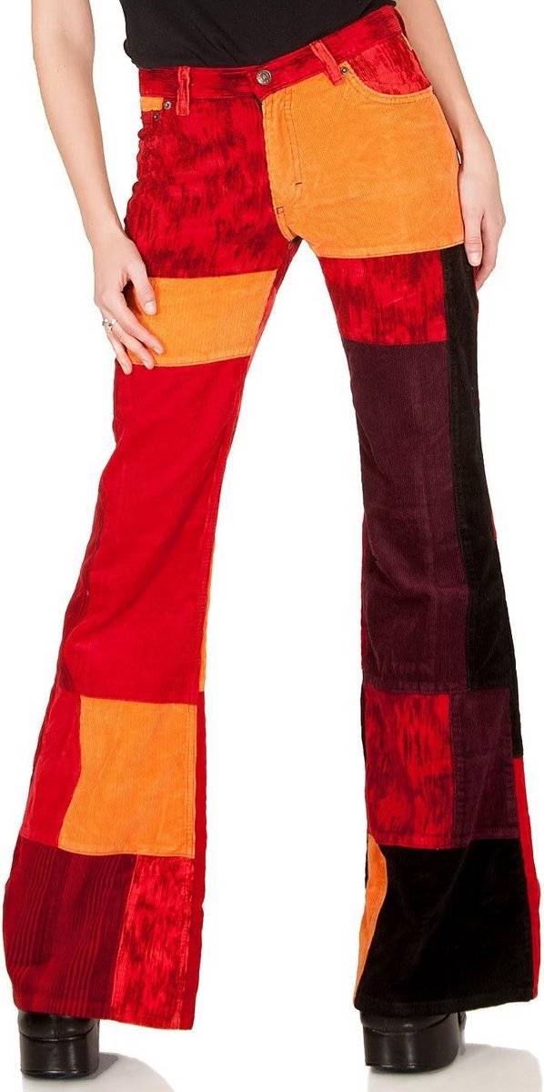 Kleurrijke Corduroy Patchwork Broek Dames met Wijde Pijpen in Jaren '70 Stijl