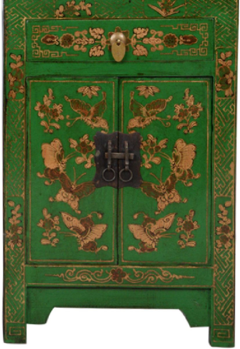 Fine Asianliving Chinese Kast Groen Vlinders Handgeschilderd B58xD37xH85cm Chinese Meubels Oosterse Kast