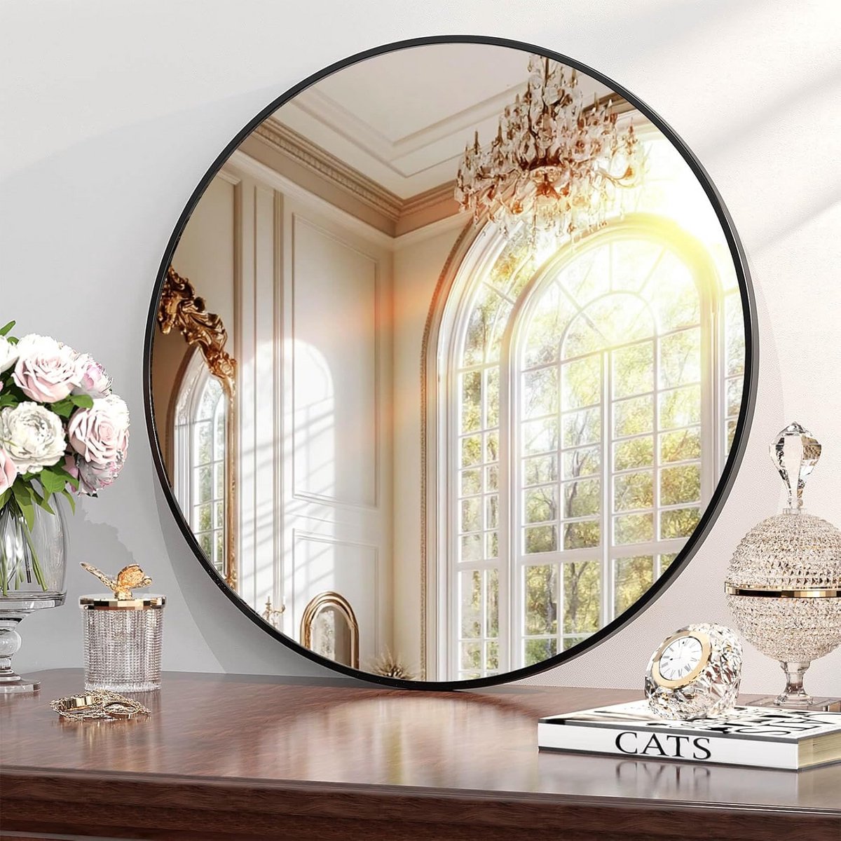 Ronde badkamerspiegel zwart 76 cm - Grote cirkelspiegel voor woonkamer en hal