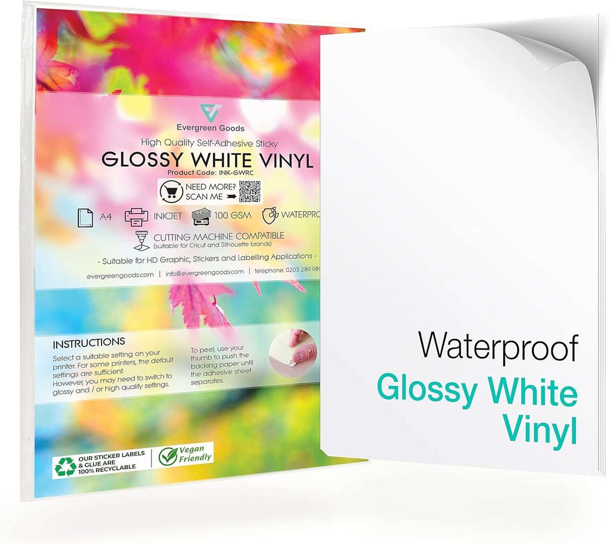 100 Vellen A4 Glanzend Wit Waterdicht Vinyl Stickerpapier voor Inkjetprinters