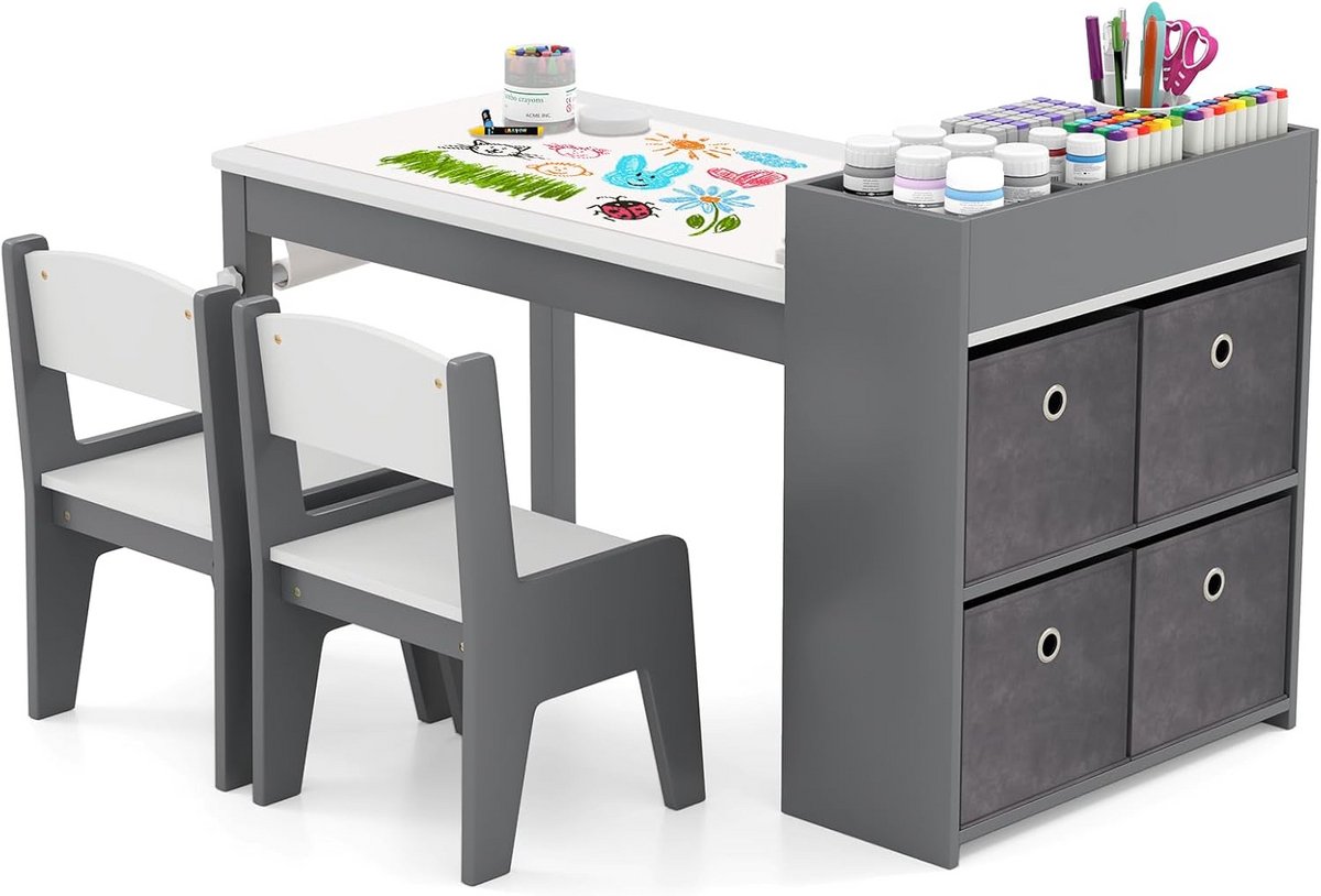 Kindertafel met 2 stoelen set voor knutselen en tekenen met grote opbergruimte