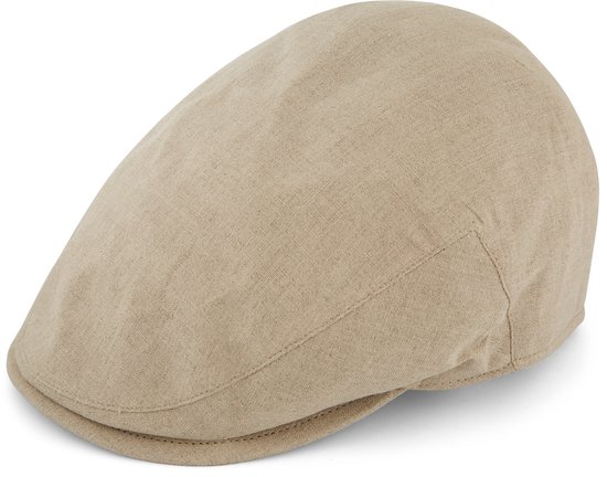 Casquette plate en lin beige, vue de trois quarts avant.