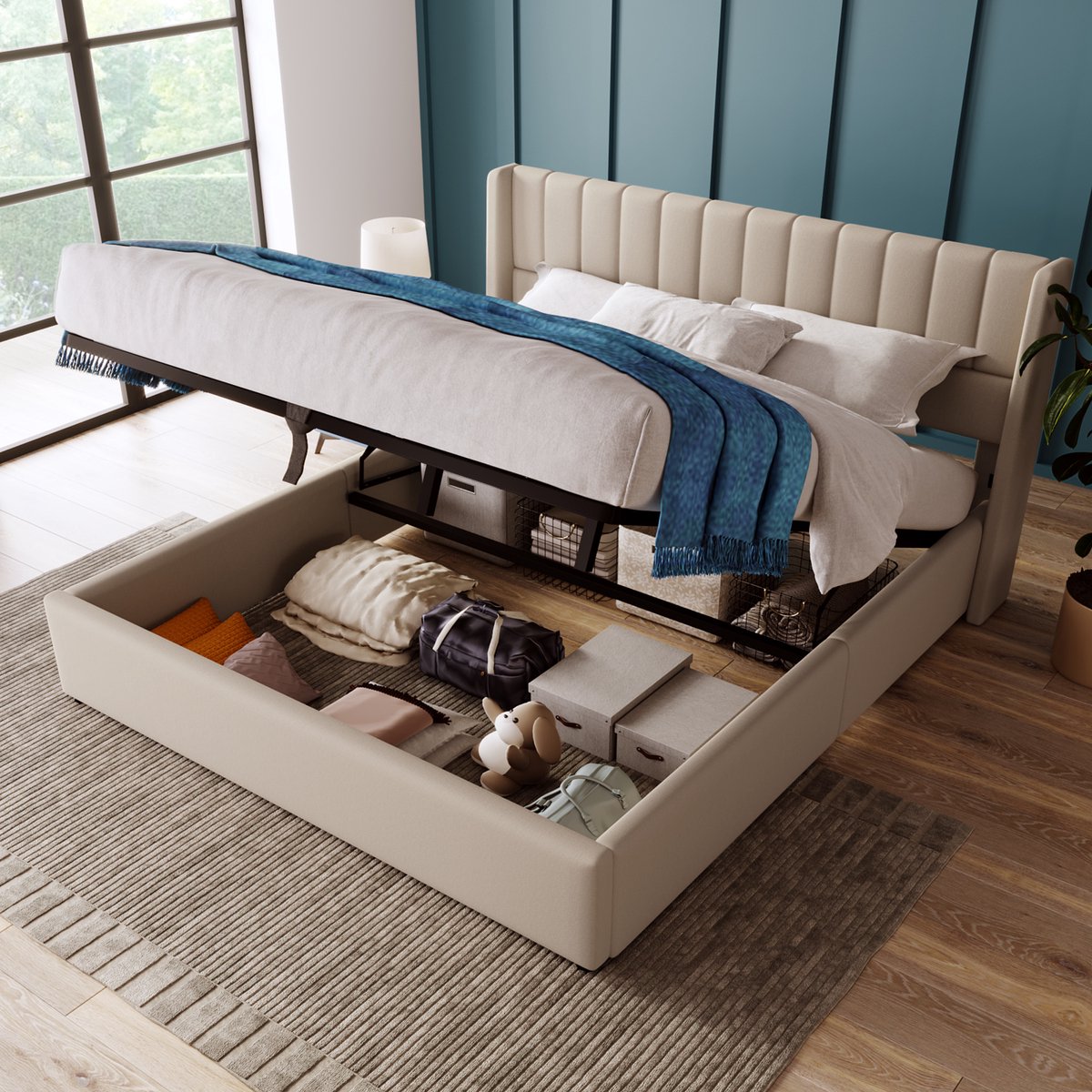 MODFU Ledikant 160x200 cm – beige linnen – met hydraulische opbergruimte en stijlvol strepenhoofdbord