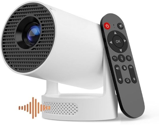 Mini projector wit draagbaar 4K WiFi 6 Bluetooth 5.4 Android 11 automatische trapeziumcorrectie 180° draaibaar