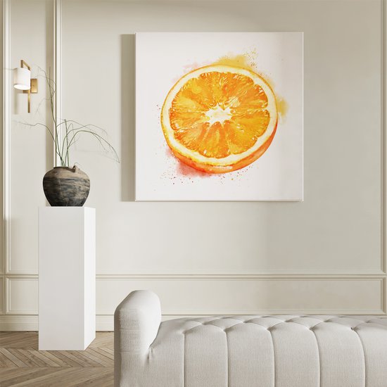 Artaza Canvas Schilderij Sinaasappel - 90x90 cm - Wanddecoratie Fruit - Muurdecoratie Aquarel - Decoratie Keuken - Oranje