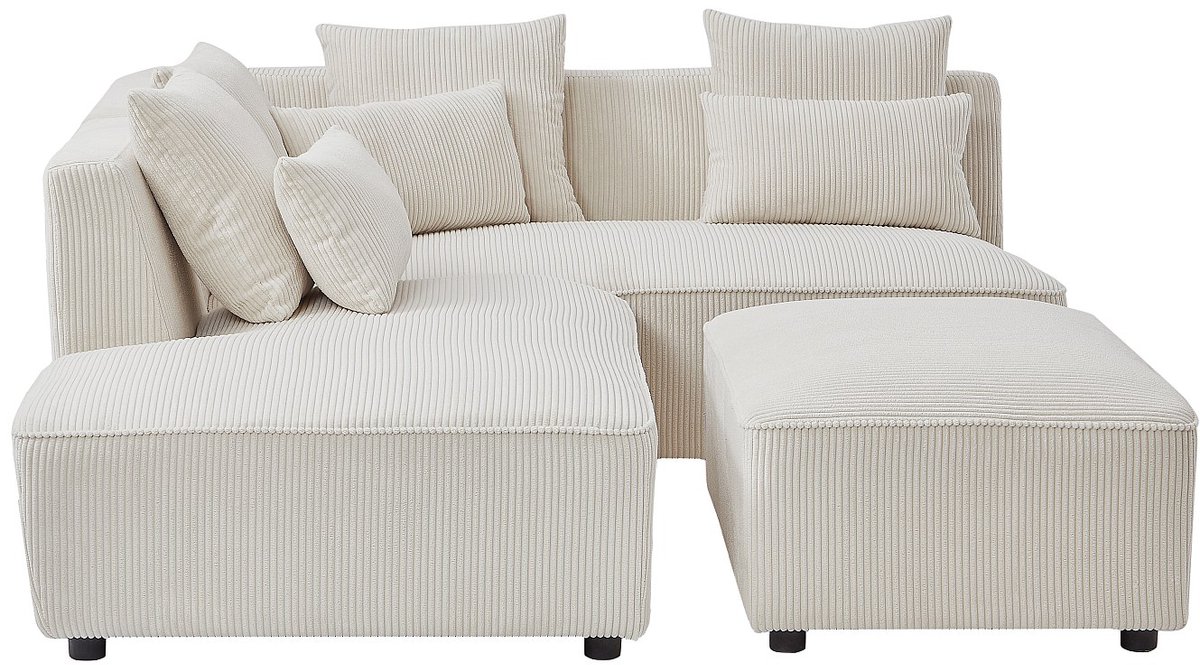 Vente-unique Hoekbank links en poef in beige corduroy fluweel MECODI