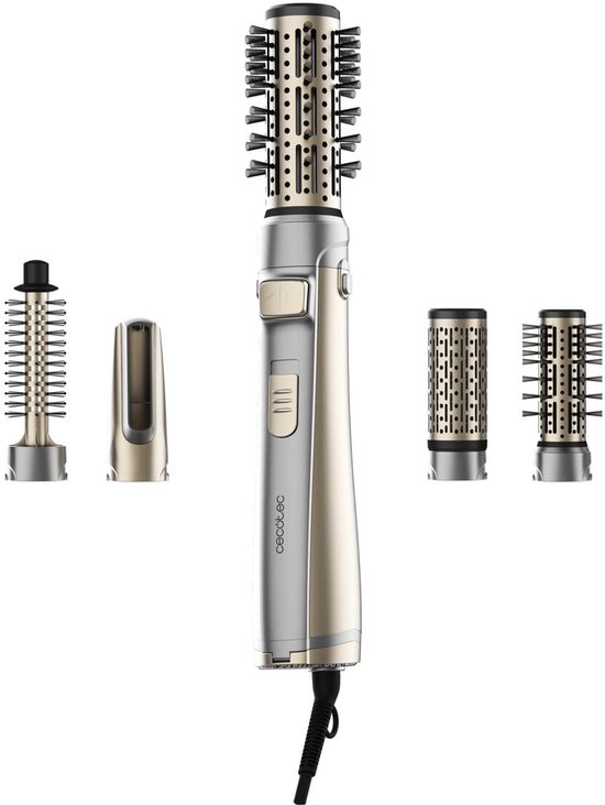 Cecotec stylingborstel met zilverkleurig handvat, gouden details en opzetstukken.