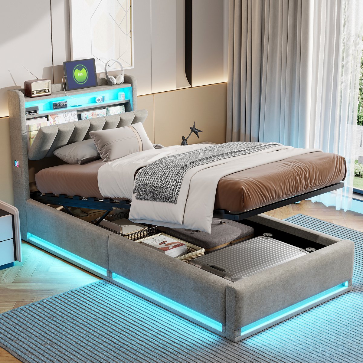Solvenrik Velours Polsterbed 90x200 met LED & USB-C – Bedframe met Opbergruimte en Hoofdbord – Grijs