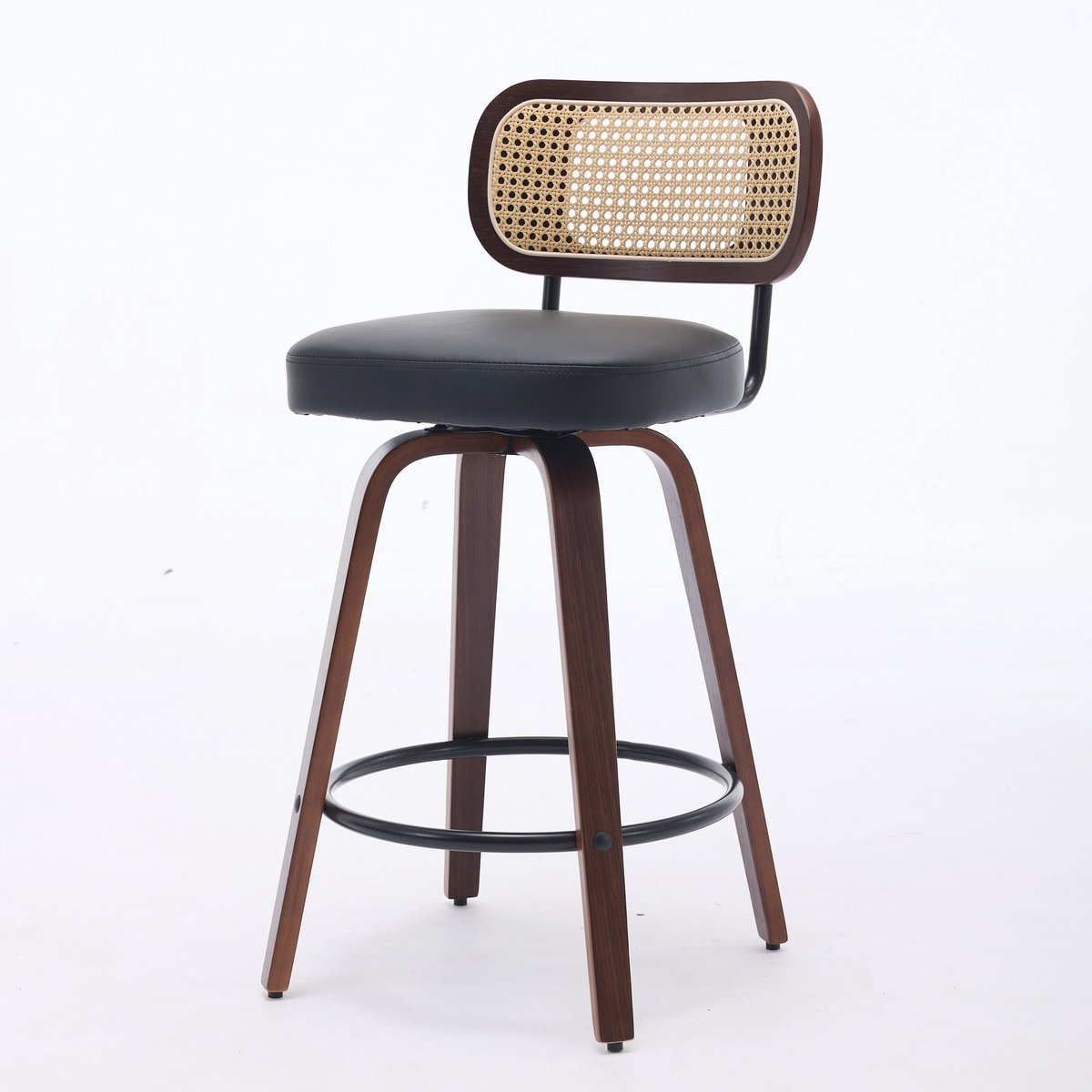 Merax Set Van 2 Draaibare Barkrukken Met Rotan Rugleuning En Gewatteerde Zitting – Houten Barkrukken Voor Keukeneiland En Bartafel – Walnootkleur Met Zwart – 56 × 43 × 90 Cm
