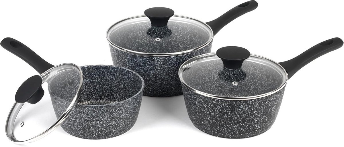 3-delige Steelpan Set met Deksel - Extra Sterke Antiaanbaklaag en Hitte-indicator