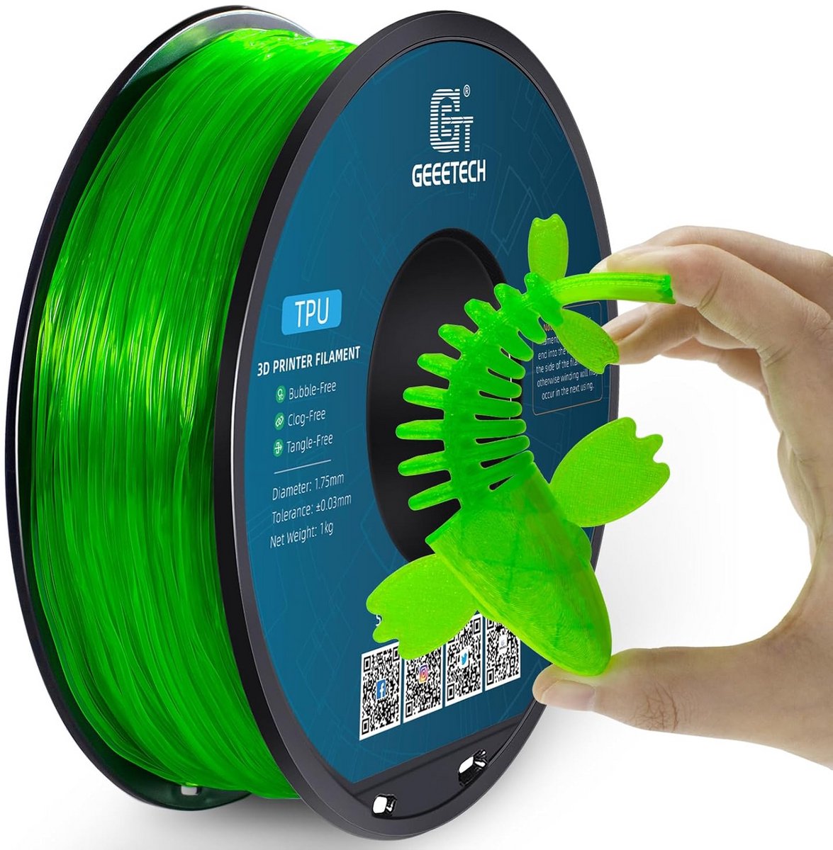 Flexibel TPU 3D-printer filament 1,75 mm 1 kg - Transparant Groen