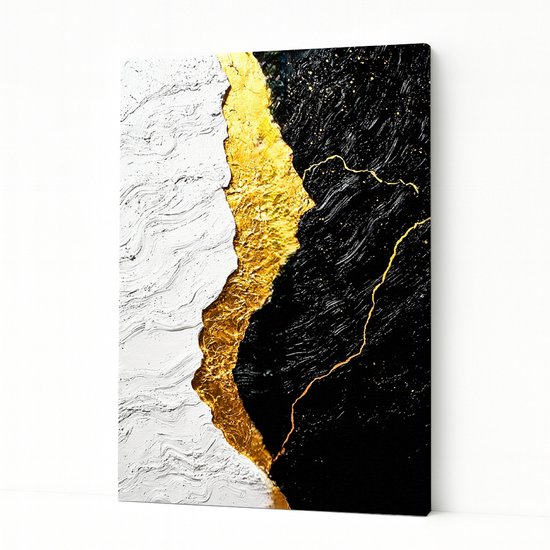 Abstract schilderij met een golvende witte textuur aan de linkerkant en een zwart met gouden lijnen aan de rechterkant.