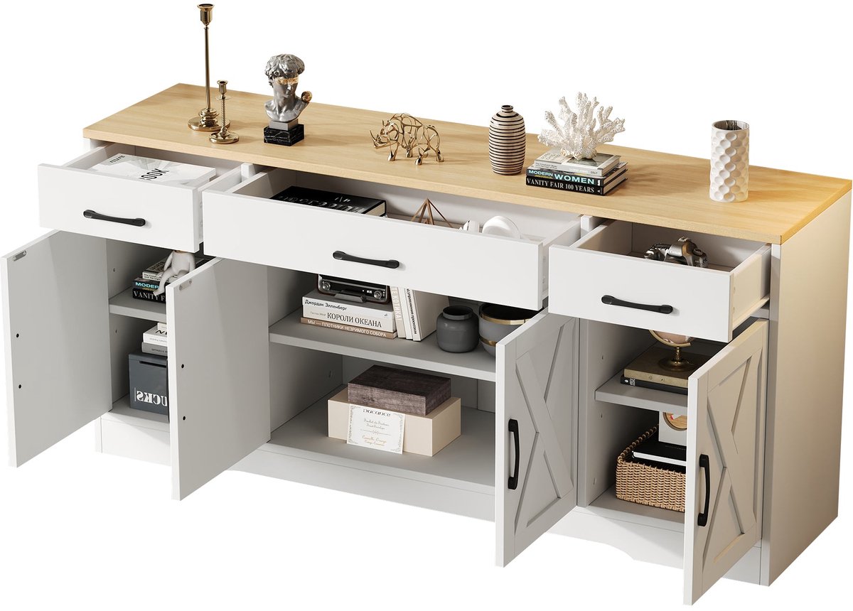 Merax Dressoir Wit 160x37x75 cm - Sideboard met 3 Lades en 4 Deuren - Opbergkast voor Woonkamer Eetkamer en Hal - MDF met Houtlook Bovenblad