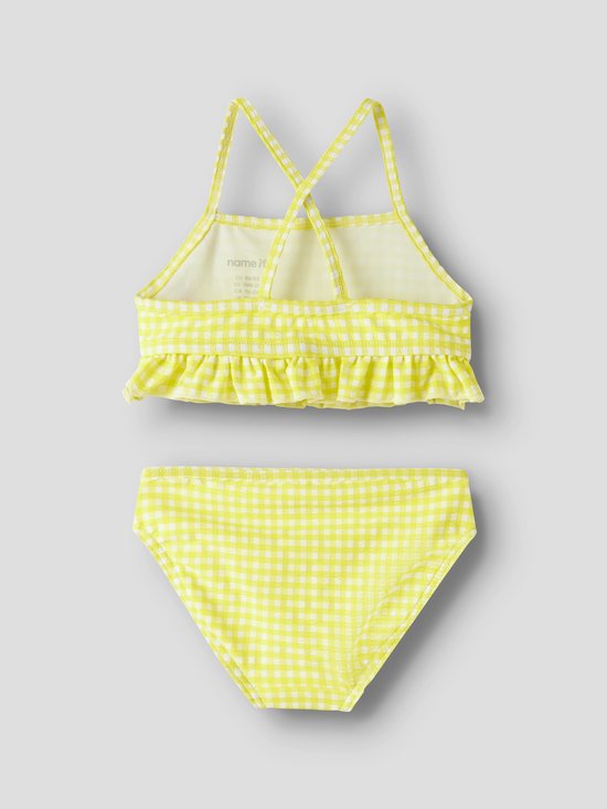 Gele geruite bikini met gekruiste bandjes op de rug en ruches aan de voorkant.
