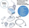 Beurer inhalator met veel toebehoren: mondstuk, neusstuk, kinder- en volwassenenmaskers, vernevelaar, slang, filters, kabel en tas.