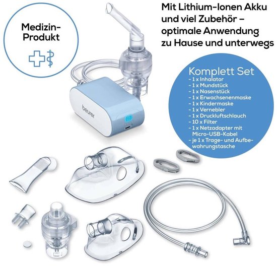 Beurer inhalator met veel toebehoren: mondstuk, neusstuk, kinder- en volwassenenmaskers, vernevelaar, slang, filters, kabel en tas.