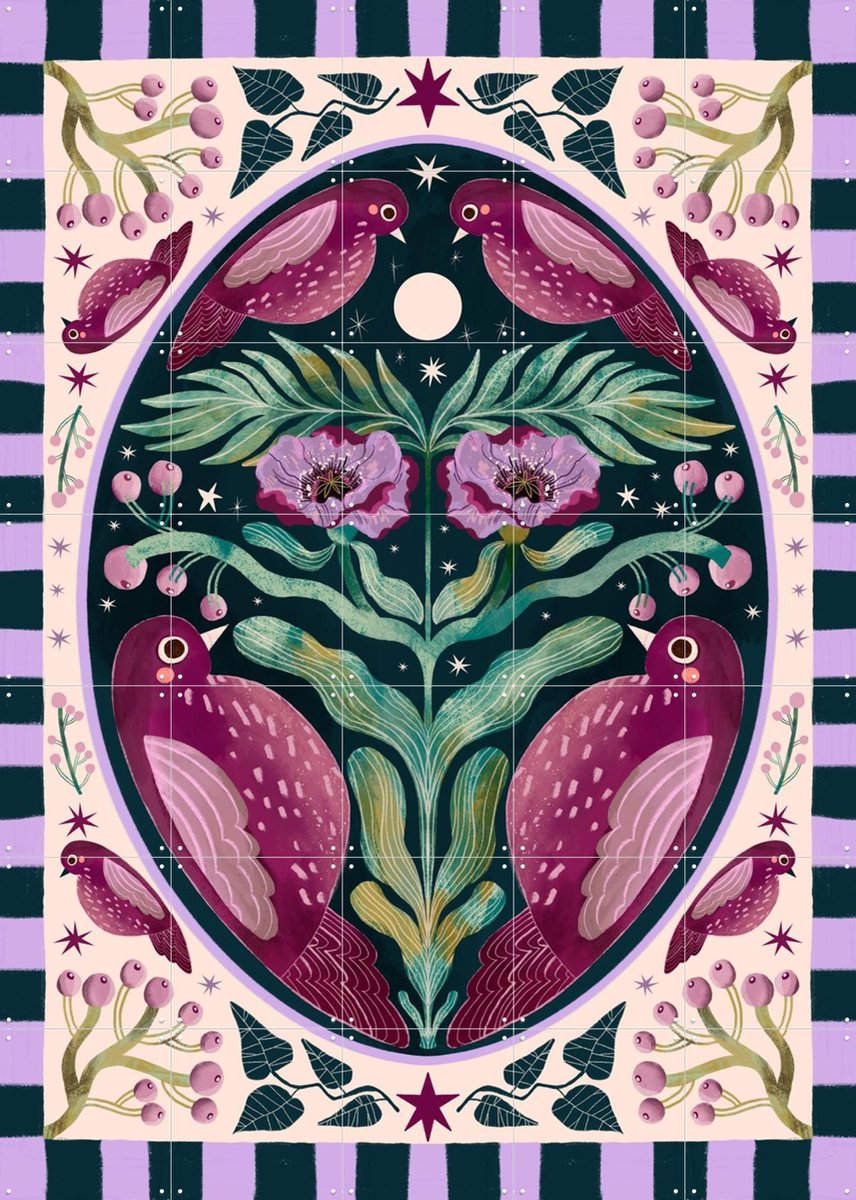 IXXI Folk Art Birds, Lena Addink - 100 x 140 cm - Gratis ophangtool - Grote wanddecoratie en posters - Illustraties, Speels, Kleurrijk, Grafisch