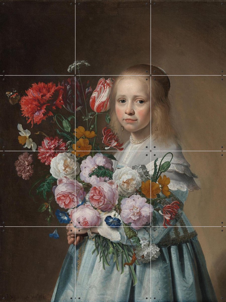 IXXI Girl in Blue with Flowers, Ezra van Hattem & Rijksmuseum 2.0 - 60 x 80 cm - Gratis ophangtool - Grote wanddecoratie en posters - Klassiek