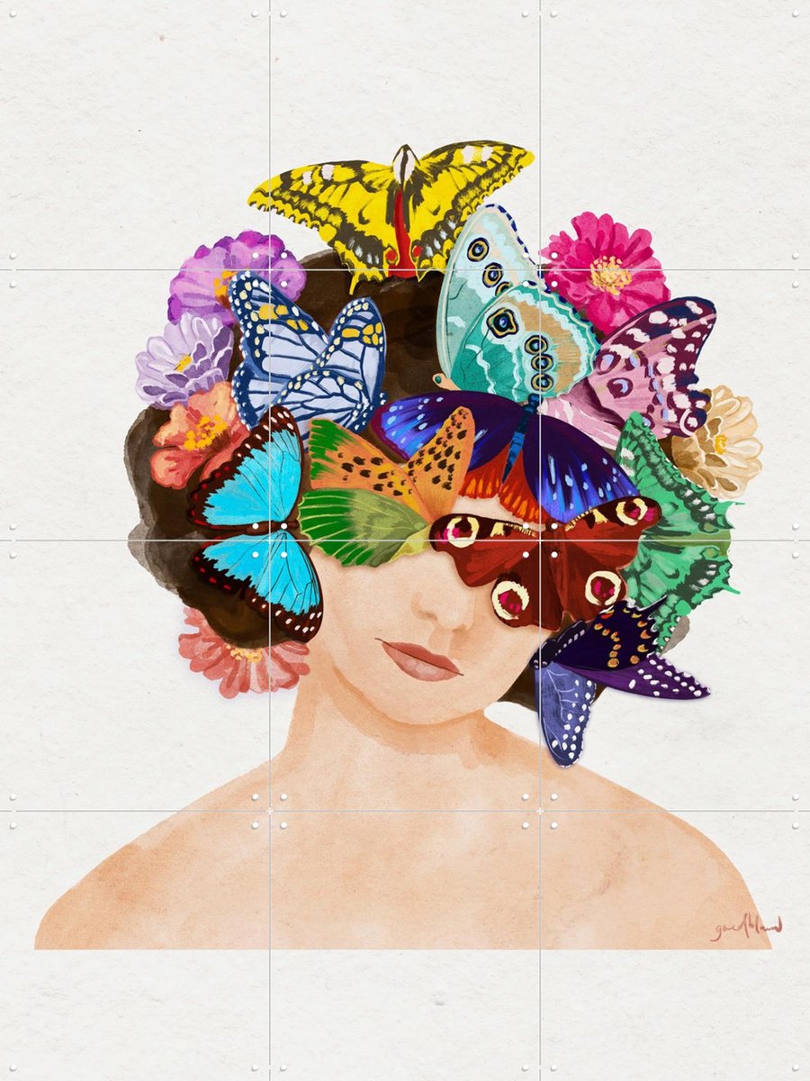 IXXI Butterfly Head, Goed Blauw - 60 x 80 cm - Gratis ophangtool - Grote wanddecoratie en posters - Illustraties, Kleurrijk, Aquarel, Speels