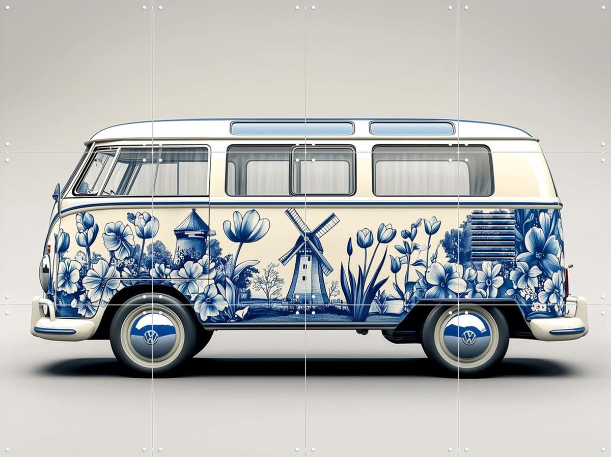 IXXI Delfts Blauwe VW Bus 3, Margriet Hulsker - 80 x 60 cm - Gratis ophangtool - Grote wanddecoratie en posters - Vintage, Illustraties, Studeerkamer