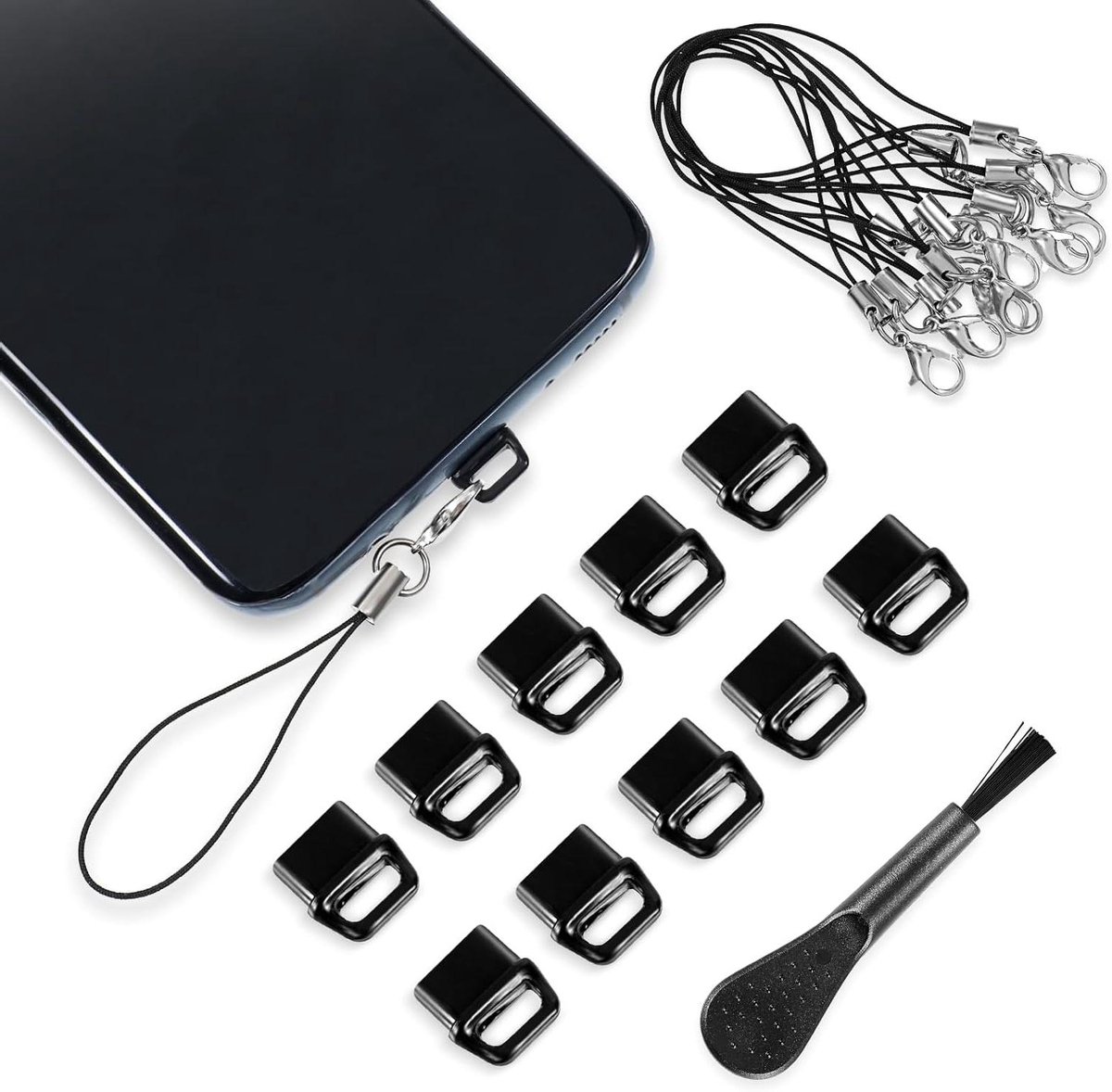 10-pack stofplug USB C - beschermkap met lanyard en schoonmaakborstel - zwart