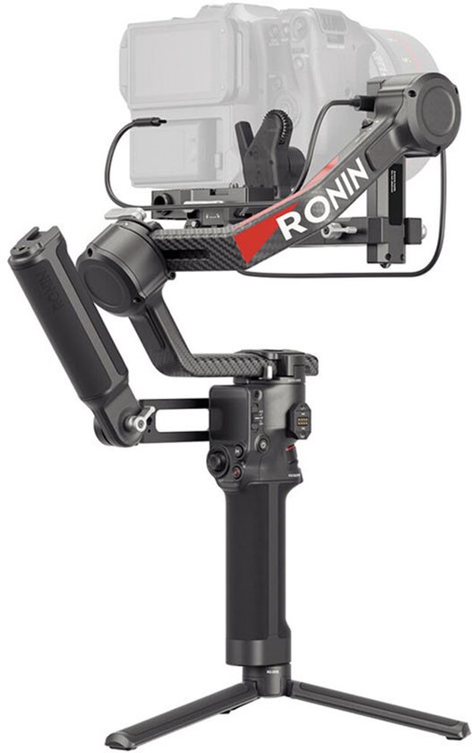 DJI RS 4 Pro gimbal met camera, koolstofvezel armen en standaard handgreep.