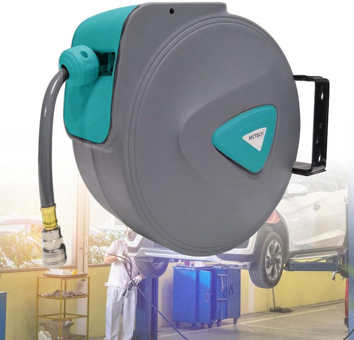 20 Meter Automatische Persluchtslanghaspel met Wandhouder en 1/4 inch Koppeling