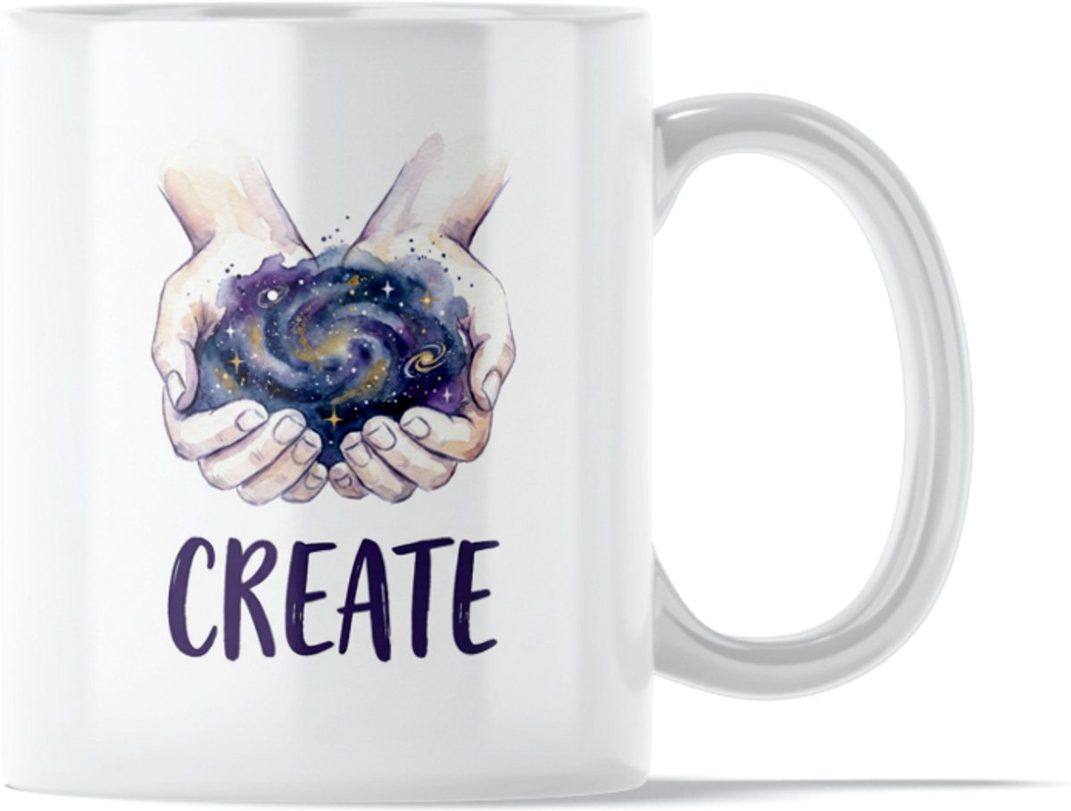 Mok "Aquarel Series": Universe Create Sterrenstelsel - Spirituele Manifestatie Koffiemok - Galaxy Kunst Cadeau voor haar: Vriendin & Collega - Sfeervolle Thee Beker Handen & Melkweg - Inspirerend Verjaardagscadeau Vrouw - Creatieve Motivatie Beker