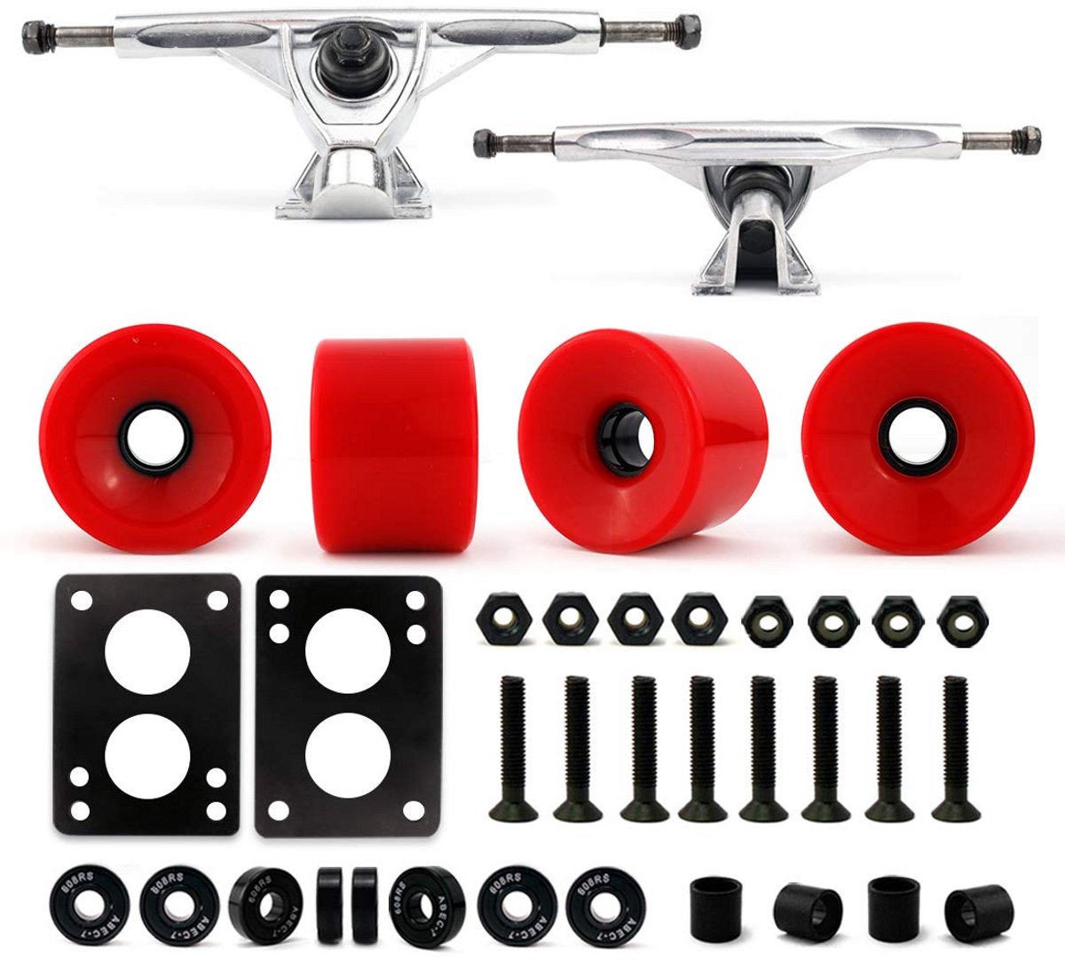 Complete Longboard Truck en Wiel Set 70mm Wielen 180mm Trucks Zilver